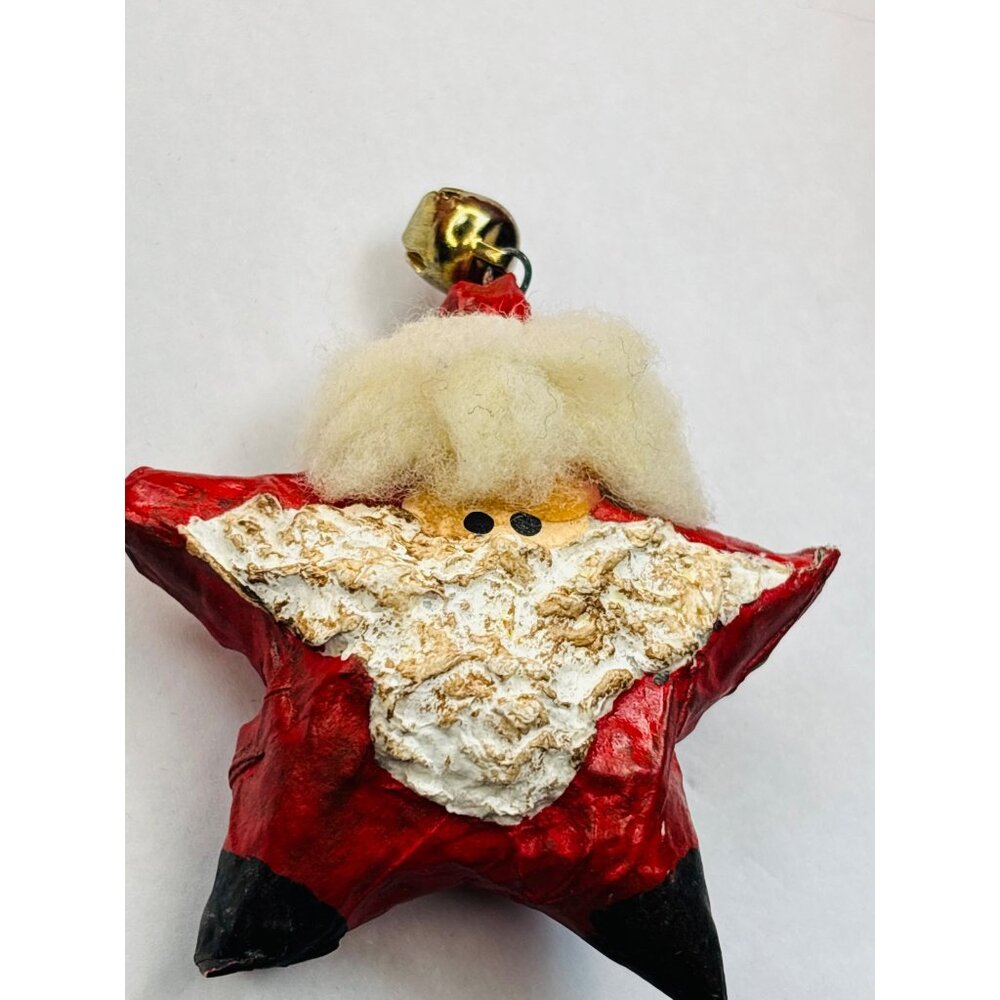 Handmade Santa Star Pin Brooch With Wool Beard Painted Red & White With Gold Bel
